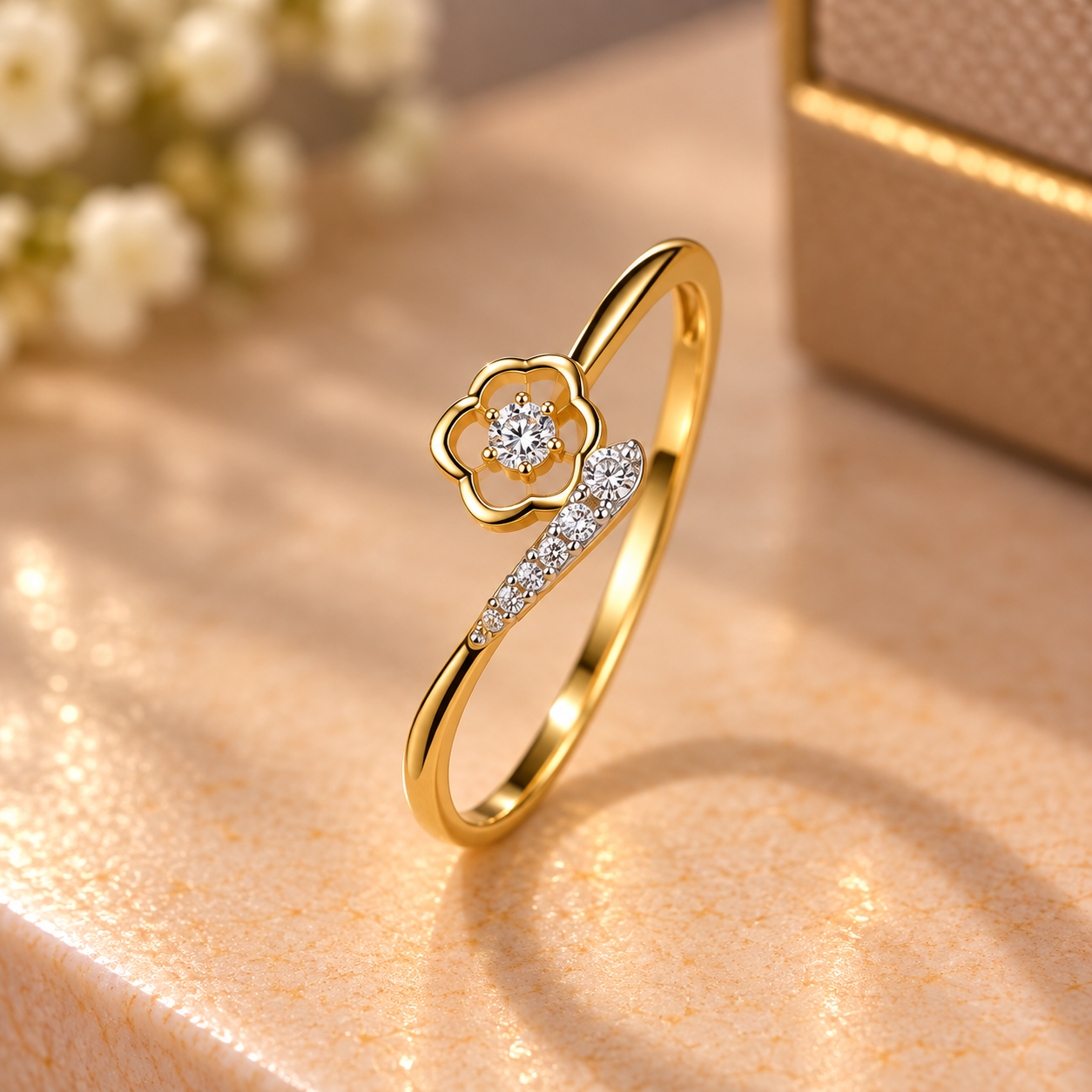 Floral Diamond Gold Ring on Marble
